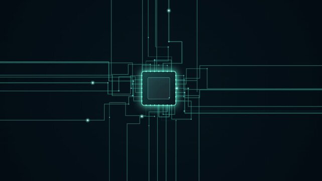 Futuristic Glowing Circuit Board Chip Technology Animation Background
