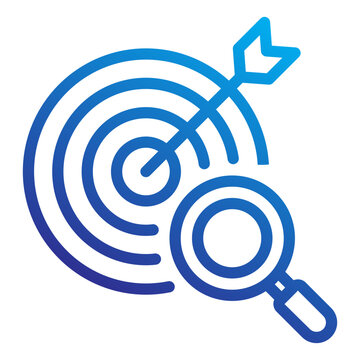 Bullseye target with magnifying glass representing precise audience research and market targeting strategies for Digital advertising icon line gradient style