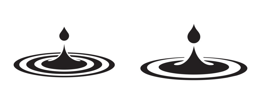 Simple black silhouettes of water drops hitting a liquid surface. Conceptual graphics for meditation skincare and environmental conservation projects.