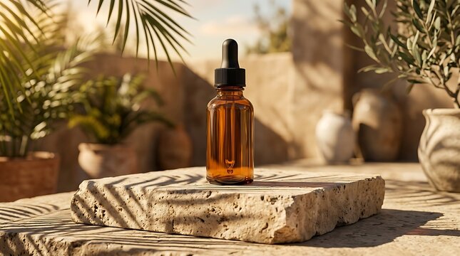 Amber glass dropper bottle on a stone pedestal with palm shadows in warm sunlight