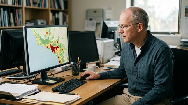 Analyst reviewing a storm damage claim density map - Storm Damage Assessment and Catastrophe Risk Analysis Stock Photo