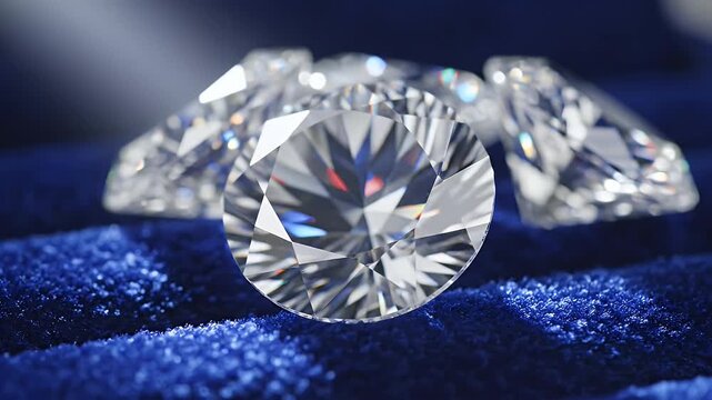 Close Up of Brilliant Round Diamonds Resting on Rich Deep Blue Velvet Fabric Under Soft Studio Lighting