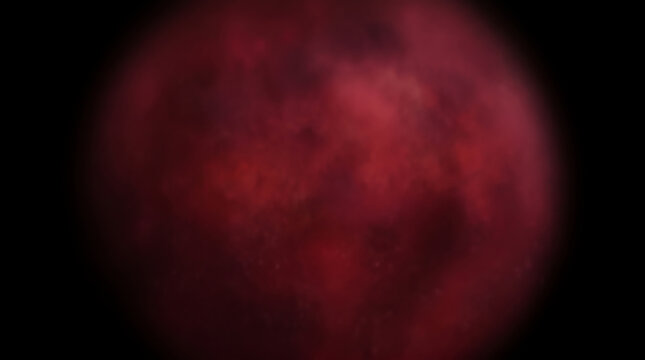 A mysterious red glowing planet or moon floating in the deep dark void of outer space with a soft hazy texture and