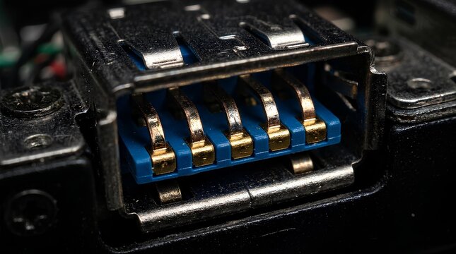 Macro view of electronic pins inside a female port.