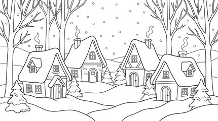 Naklejka premium Winter-Village Snowy Countryside Scene Illustration