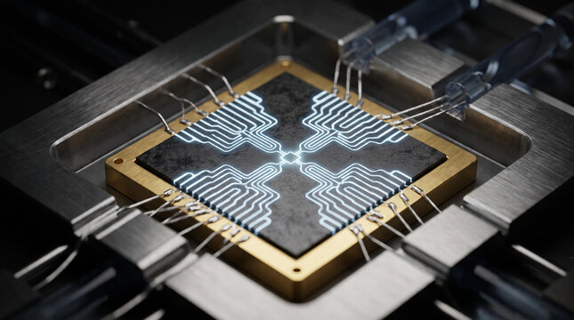 High-tech quantum processor microchip with glowing intricate circuitry