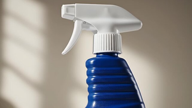 Close up view of a blue plastic spray bottle featuring a white trigger nozzle and mist sprayer