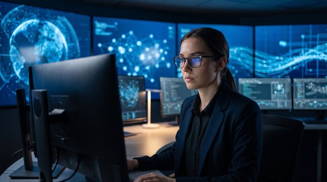 Female data analyst in suit jacket and glasses, with glowing blue network screens and monitor, working at computer station, in dark high tech security control room, corporate technology photography