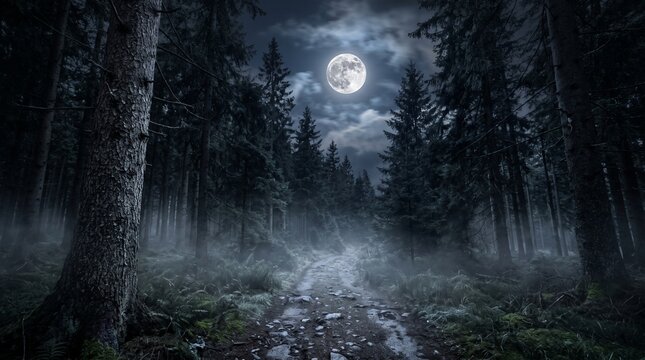 A mysterious dirt trail leading into a dark foggy pine forest under a bright full moon and dramatic night sky.
