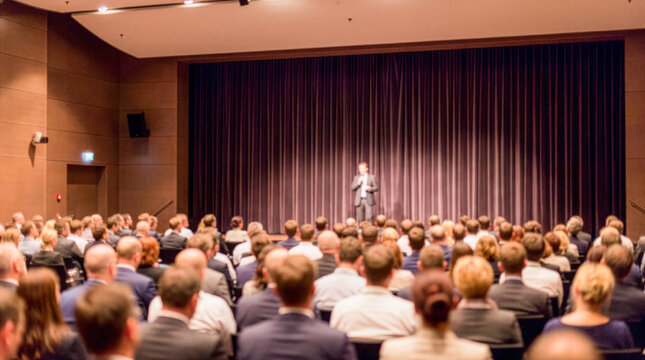 Blurred audience watching speaker on stage at business conference