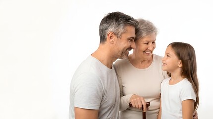 Fototapeta premium Portrait of a smiling father standing with his young daughter and elderly mother isolated on a plain white studio background