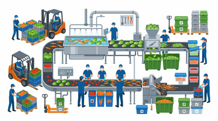 Fototapeta premium Automated Food Processing Plant for Vegetables with Workers and Forklifts