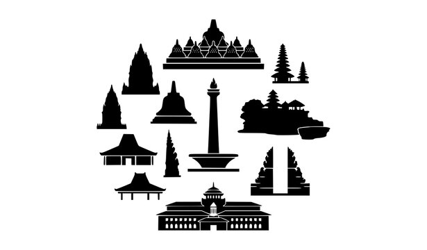 Famous Indonesia Temples and Monuments Black Silhouette Vector Collection