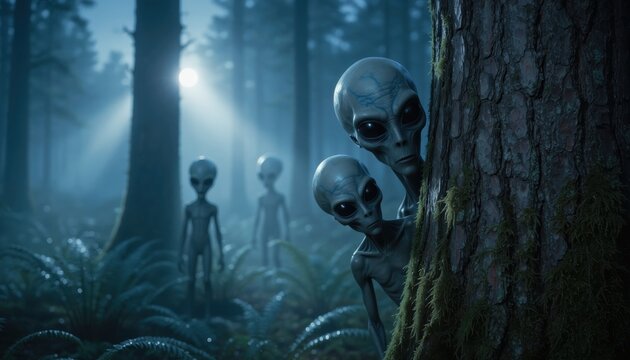 Grey aliens peeking from behind a tree in a dark misty forest