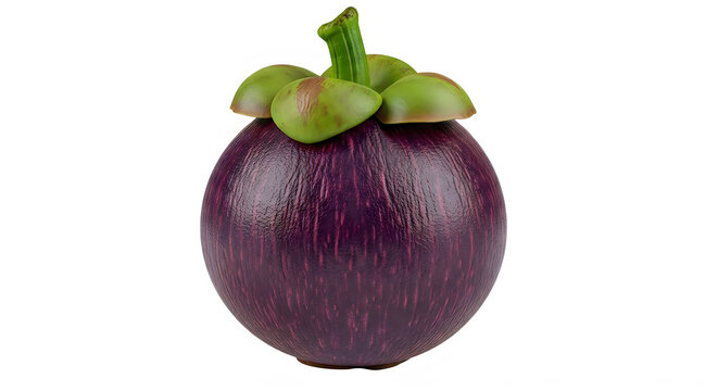 One fresh tropical mangosteen fruit with green sepals on top of it, good for healthy snack.