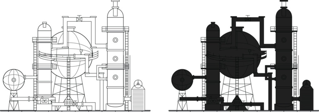 Industrial Chemical Processing Plant Technical Schematic with Reactor Vessel Distillation Column and Storage Equipment