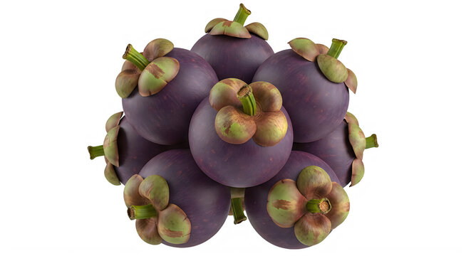 A pile of purple tropical mangosteen fruits with green sepals for delicious healthy snacks.