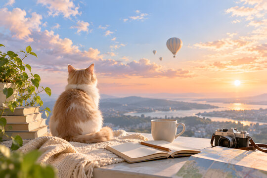 Cat Watching Sunset from Cozy Terrace with Travel Journal and Camera