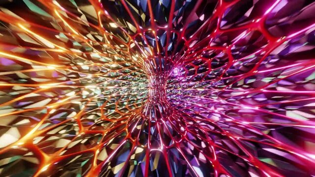 Abstract geometric mesh tunnel glows with vibrant red and golden light reflections.