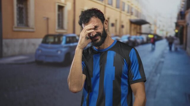 Man covers face with hand wearing a blue soccer jersey on a street, shielding eyes and squinting; frustration defeat.