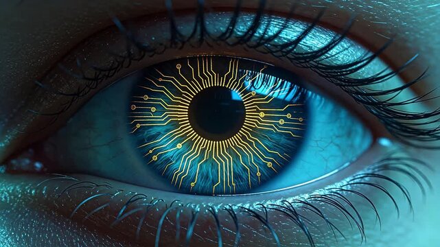 Human eye close-up with golden circuit board pattern on blue and brown iris