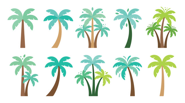A set of ten colorful vector palm tree icons with flat designs arranged in two rows on a white background.