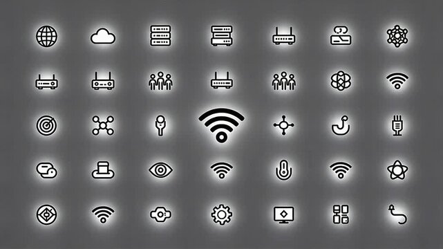 Technology line icons set with cloud server and WiFi symbols in grid layout