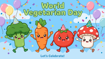 Fototapeta premium World Vegetarian Day vector illustration featuring fresh vegetables, healthy plant-based food, green leaves, and a sustainable vegetarian lifestyle.