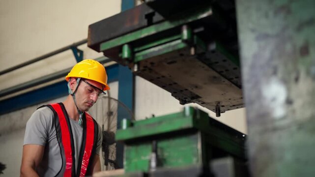Male industrial worker operating steel cutting machinery during manufacturing production process in metal factory, skilled employee working with heavy industrial equipment in metalworking facility.
