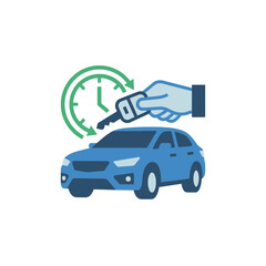 Fototapeta premium Car rental icon showing blue vehicle, keys, and clock.