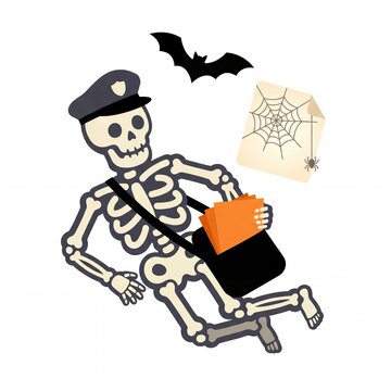Cartoon skeleton mailman delivering letters with bat and spider web for Halloween.