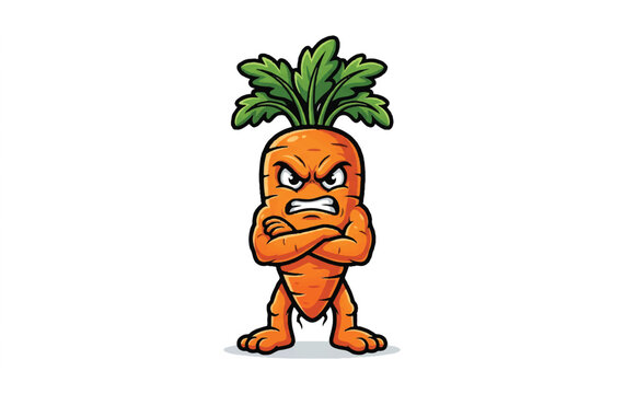 Angry cartoon carrot with crossed arms and scowling face.