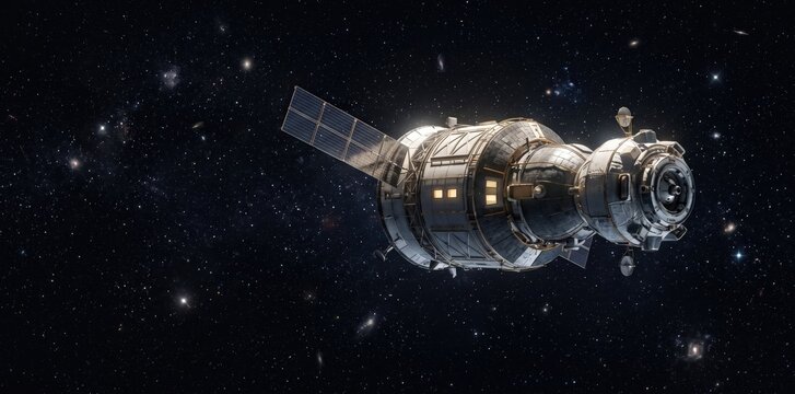 A detailed view of a metallic space station module floating in the deep black void of outer space, featuring a single extended solar panel array and glowing illuminated windows against a