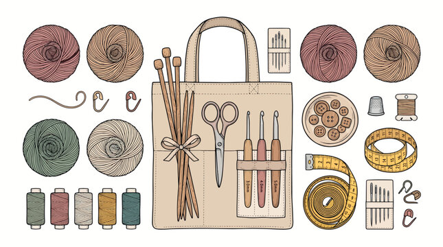 A comprehensive collection of hand-drawn knitting and sewing tools in a cozy, organized flat-lay style with muted earthy tones.