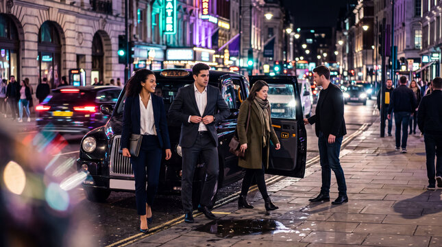 Young business team arriving by taxi in a city at night