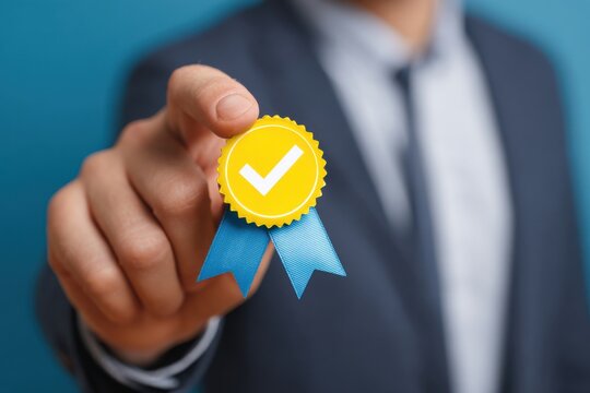 A businessman in a suit holding a gold quality assurance badge with a check mark symbol representing customer satisfaction and service excellence