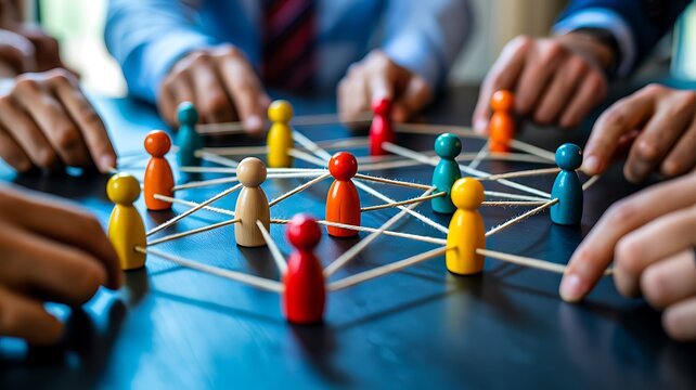 Business team connecting colorful figures on a network board representing teamwork and collaboration