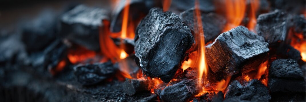 Close up view of burning charcoal embers glowing with bright orange flames in a dark barbecue grill for cooking food outdoors
