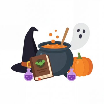 Flat vector illustration of Halloween elements including a witch hat, cauldron, pumpkin, ghost, and spellbook.