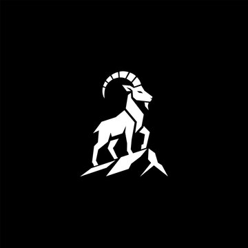 Modern geometric white vector logo of an Alpine Ibex mountain goat standing on a rocky peak, isolated on a black background