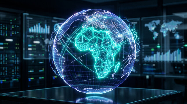3D digital hologram of Earth focusing on Africa with glowing network connection lines and data nodes in a high-tech server room environment with blurred data screens.