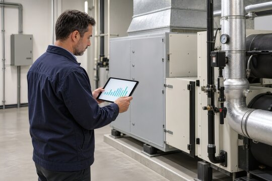 Facility manager monitoring energy use in mechanical room