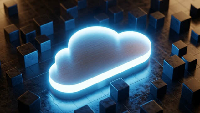 A glowing blue neon cloud symbol icon placed on a dark gridded surface surrounded by matte black cubes, representing cloud computing and digital data storage technology.