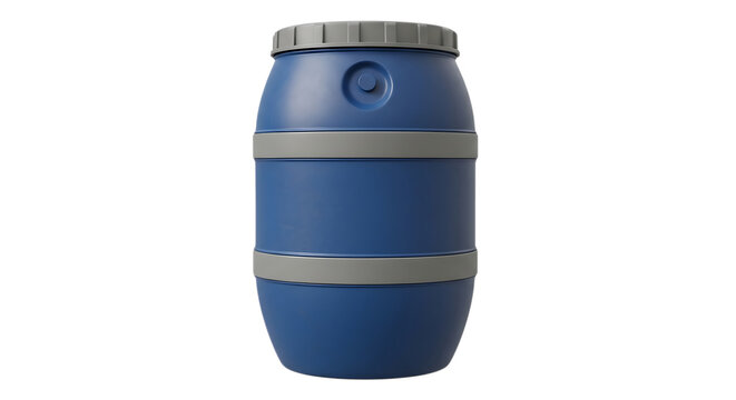 A blue plastic industrial storage barrel with grey rings isolated on transparent background