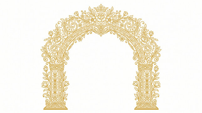 Gold floral archway vector illustration. Ornate arch with pillars. Luxury wedding decor asset