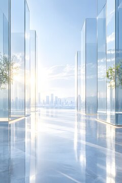 透明なガラス建築と都市景観の未来的なビジネス背景