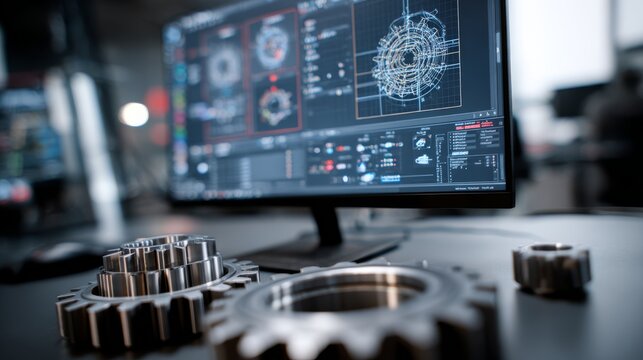 A professional workspace shot showing a computer monitor displaying complex 3D modeling software for machine design. In the foreground, out of focus, are physical prototypes of metal gears.