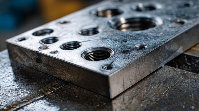 Close-up of a steel drilling jig template resting on a workbench. The object is heavy industrial metal with precise guide holes. Traces of machining oil and tool marks are visible on the surface.