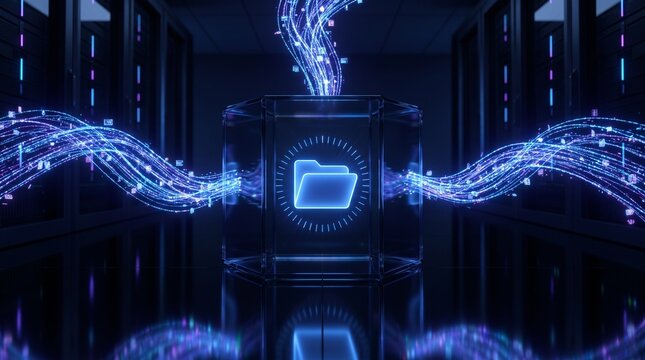 Glowing digital file folder icon inside glass cube surrounded by light streams in server room representing cloud storage data center
