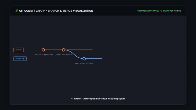 Digital visualization of a software version control commit graph showing branching and merging workflow.